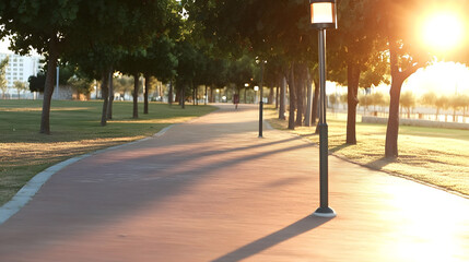 Sunlit park pathway with trees and lampposts casting long shadows