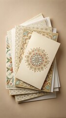 A stack of blank greeting cards with intricate designs and patterns on a neutral beige background