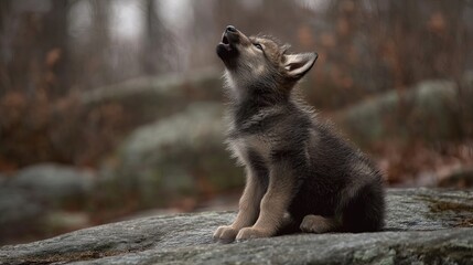 Naklejka premium A grey wolf puppy howling in a misty forest setting.