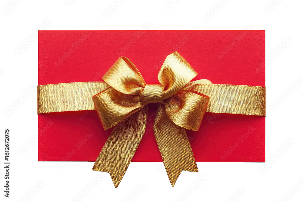 Poster a red gift box with a golden ribbon bow isolated on transparent background the bow is tied with a do