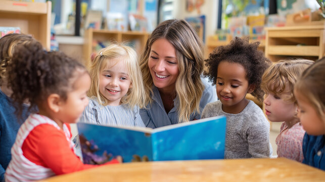 A teacher joyfully reads a book to a diverse group of young children gathered around a table in a colorful classroom. Education Photography