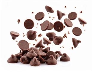 Obraz premium Dynamic image of chocolate chips suspended in air, perfect for baking, dessert, and confectionery themes.