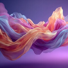 Flowing, vibrant fabric in shades of pink, orange, and blue, against a purple background