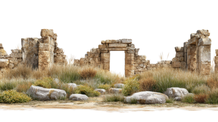 Ancient Stone Ruins in Field background isolated on a Transparent background, PNG file.