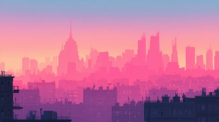 Obraz premium A cityscape at dawn, painted in muted pinks and purples.