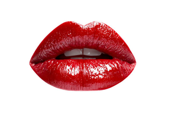 A pair of bright red lips with a glossy finish isolated on transparent background