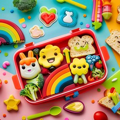 Obraz premium Colorful Children's Lunchbox with Cute Animal Character Food Decorations and Rainbow Theme