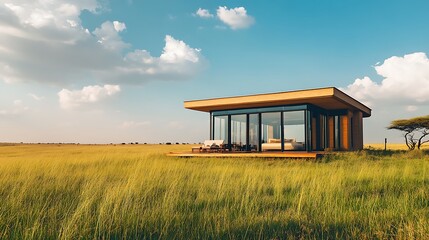 Modern glass cabin nestled in a vast grassy savanna under a cloudy blue sky