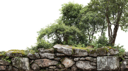 Ancient Stone Wall in Jungle background isolated on a Transparent background, PNG file.