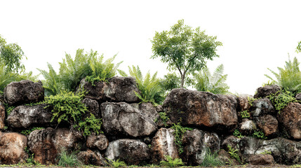Ancient Stone Wall in Jungle background isolated on a Transparent background, PNG file.