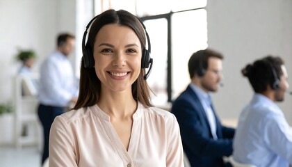 Smiling female call center agent with headset in modern office with customer support.