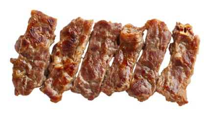 A row of cooked pork ribs isolated on white background