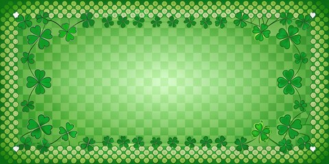 Irish Celtic Border Background with Shamrock Clover Leaves and Checkered Pattern