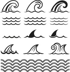 Sea wave icon set. Set of thin line waves. Various wave water lake river. Water logo, line ocean symbol in vector flat style. Seamless abstract line pattern. Water outline symbol. Sea and Ocean signs