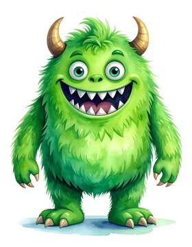 A cheerful, furry green monster with horns and a wide grin stands against a white background