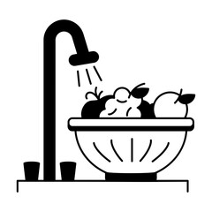 Washing fruits under sink tap, glyph style icon 
