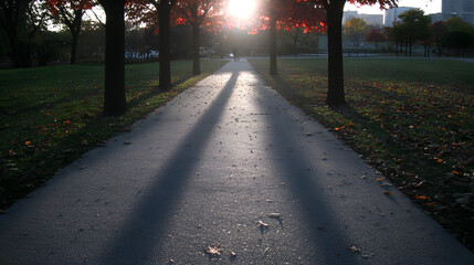 Sunlit Path Through Autumn Trees Casting Long Shadows in the Park