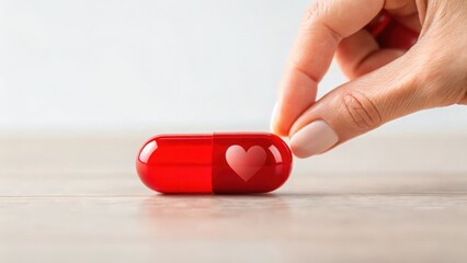 Tiny hand reaching for red pill with heart inside — desire for emotional awakening
