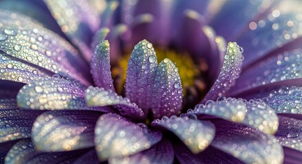 Close up shot of a purple flower with water droplets on its petals and a yellow center visible