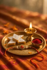 Raksha Bandhan thali with sweets, diya, kumkum and rakhi on silk fabric