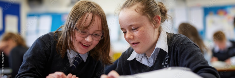 Poster student collaborates with peer to support learning during classroom activity in an inclusive environ