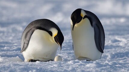 Fototapeta premium Two Emperor penguins caring for their egg in a snowy landscape.