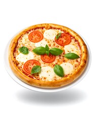 A cheese pizza with tomato and basil
