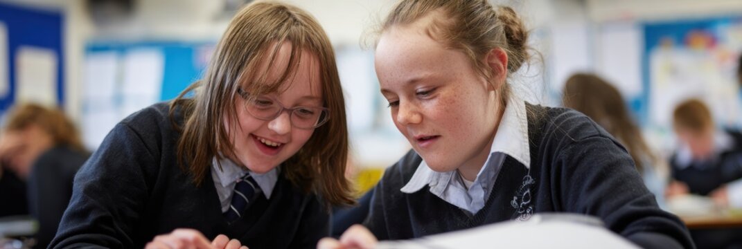 Student Collaborates With Peer to Support Learning During Classroom Activity in an Inclusive Environment - Powered by Adobe