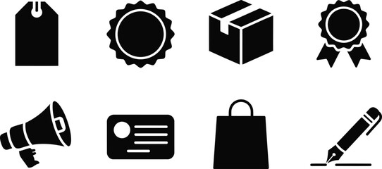 Black and White Icon Set Tag Badge Box Award Megaphone Card Bag Pen