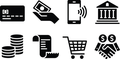 Black and White Financial Icons: Credit Card Cash Mobile Bank Coins Receipt Shopping Agreement