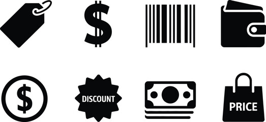 Black and white shopping icons tag dollar sign barcode wallet coin discount money price bag