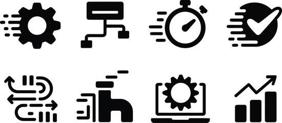 Black and white business icons with gear, stopwatch, checkmark, and chart