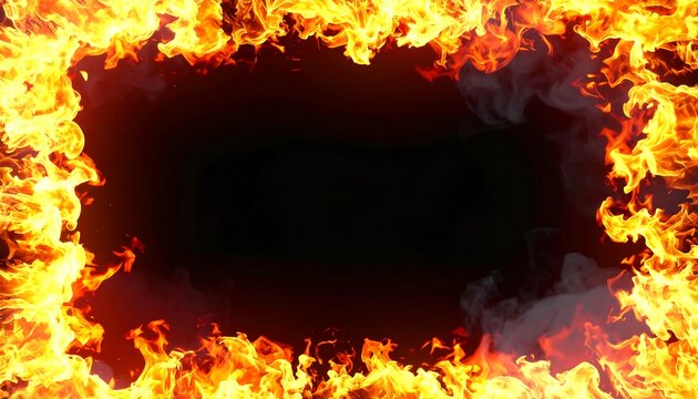 Fiery orange and yellow flames form a rectangular border around a dark background