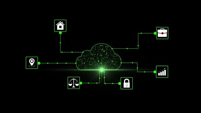 Motion graphic of Blue digital cloud computing logo and futuristic circle HUD with big data processed on grid line background. Futuristic technology global network data connection