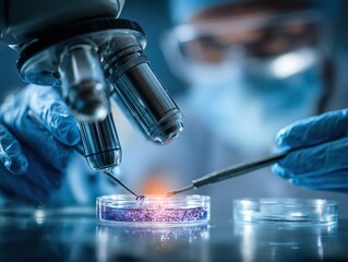 Scientist conducting advanced laboratory experiment using microscope and precision instruments on petri dish under controlled conditions for medical research