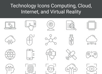 Modern Technology Icons Set in Line Style. Technology Icons Cloud Computing, Internet, VR, Biometrics.
set of line icons including cloud computing, internet connectivity, virtual reality, biometrics