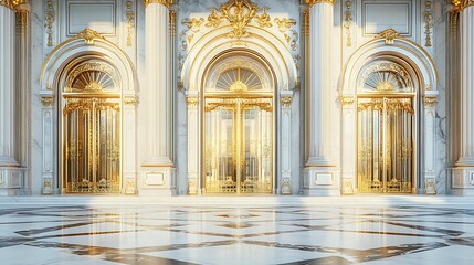 Grand ornate golden doors and marble floor in a luxurious palace interior