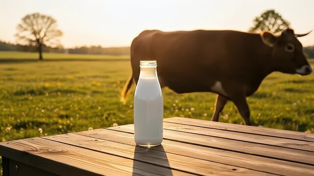 Cow standing near milk bottle on wooden table