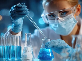 Scientist in protective mask and goggles using pipette to transfer liquid into flask while conducting chemical experiment in modern laboratory