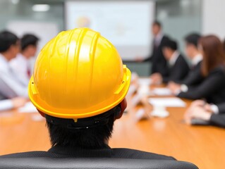 Construction manager in yellow hard hat attending corporate boardroom meeting, project planning and strategy discussion with business executives