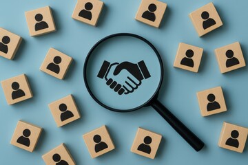Human resources or team selection concept with magnifier focusing on partnership handshake