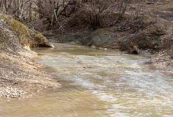 A shallow riverbed with an exposed rocky bottom , a small stream and a stream of water, the spring...