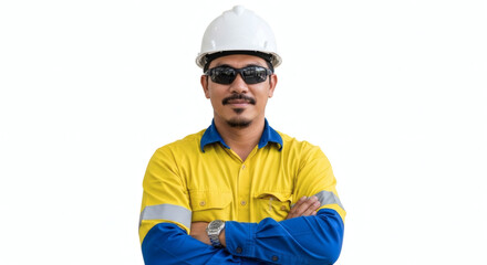 Fototapeta premium A confident male industrial worker in a hard hat and safety glasses poses with his arms crossed.