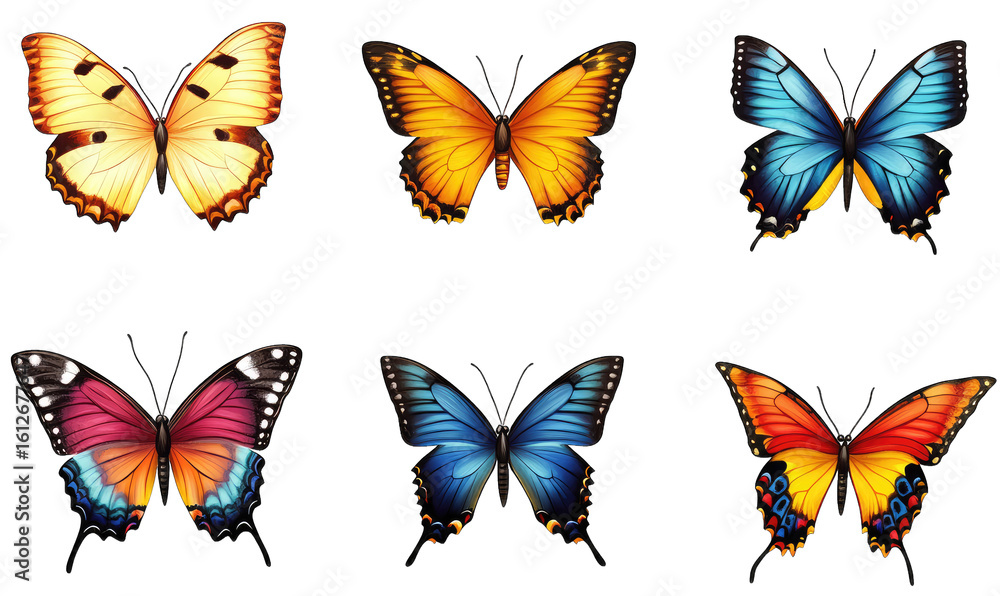 Poster six colorful butterflies isolated on transparent background they are vibrant diverse and arranged in