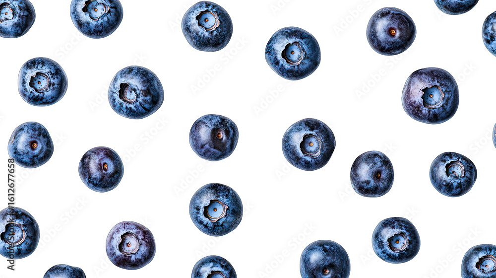Poster a flat lay of blueberries arranged in a repeated pattern on a transparent background