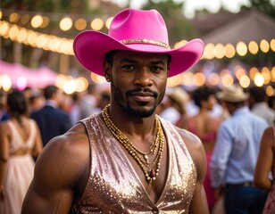 A man with a muscular build, wearing a pink cowboy hat and a sparkly vest, stands confidently amidst a blurred, festive background
