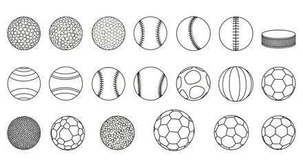 A collection of various sports balls, depicted in simple line drawings.