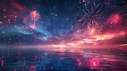 Obraz premium Fireworks Display Over Water Bright Pink Purple Sparkling Night Sky Celebration