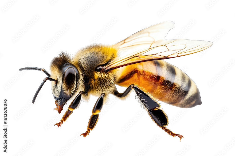 Poster a close-up shot of a honeybee with its wings spread isolated on a transparent background