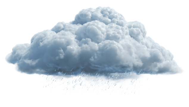 A heavy rain cloud with light rain falling isolated on transparent background